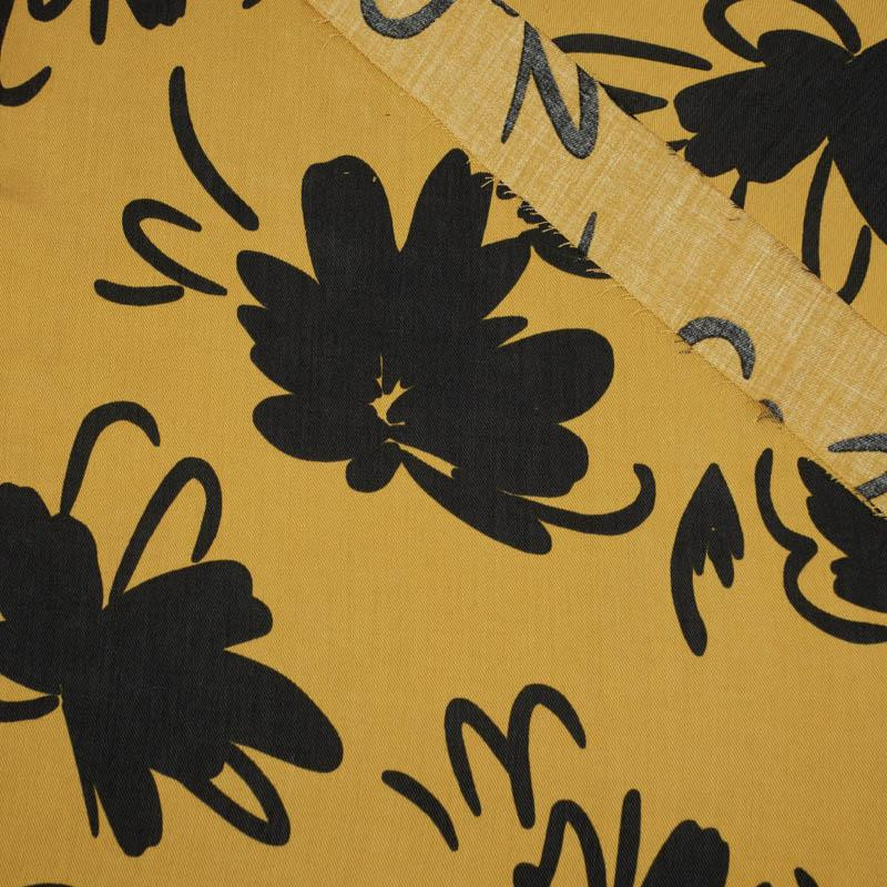 BLACK FLOWERS / mustard - Lyocell woven fabric