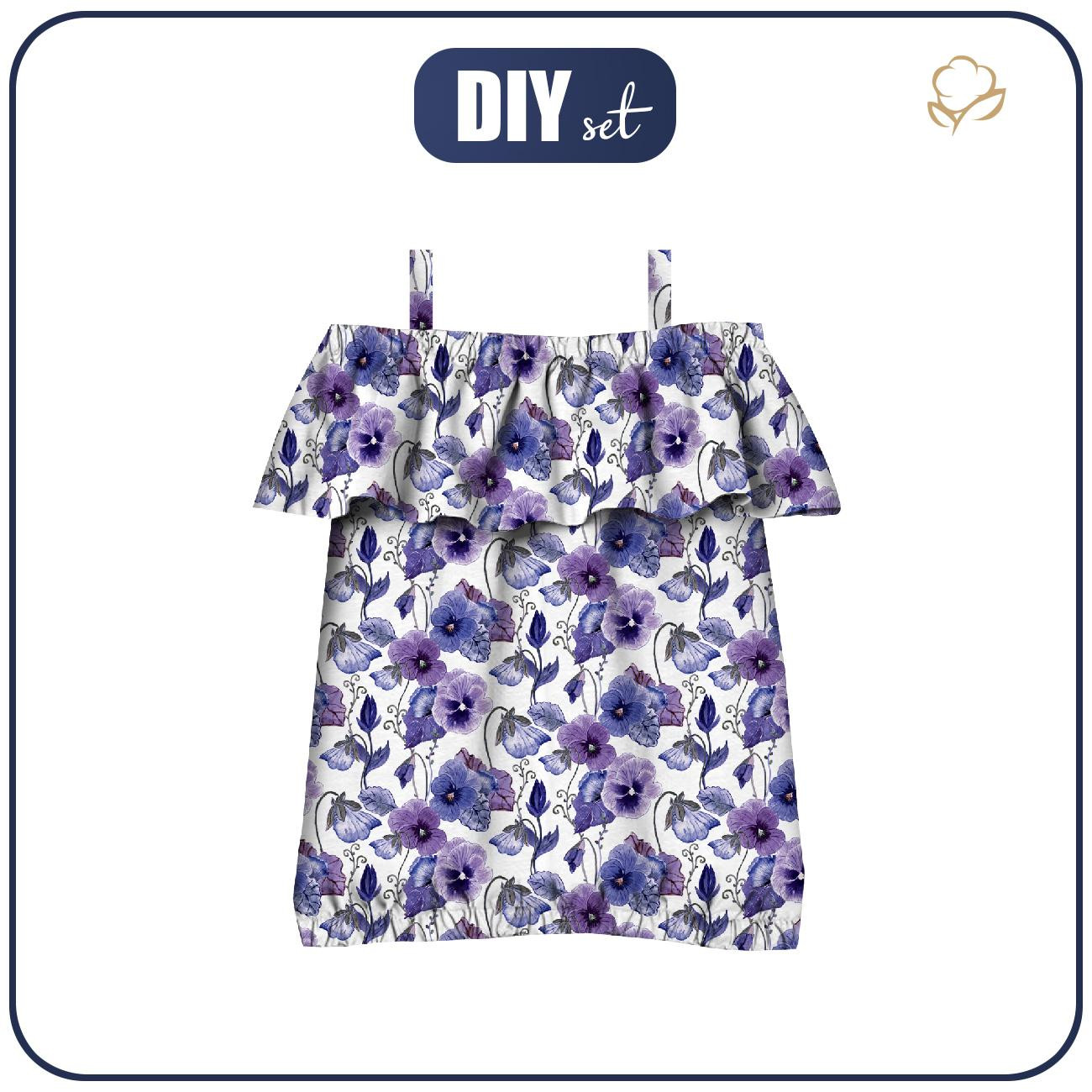 Bardot neckline blouse (SARA) - PANSIES (BLOOMING MEADOW) (Very Peri) - sewing set