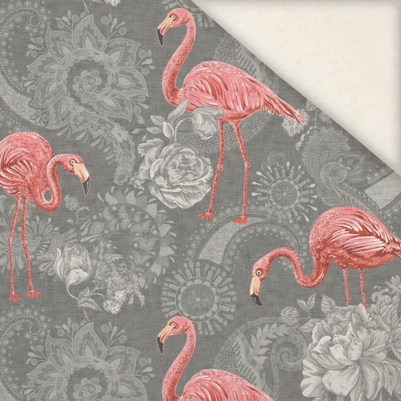 FLAMINGOS AND ROSES / grey - Linen with viscose