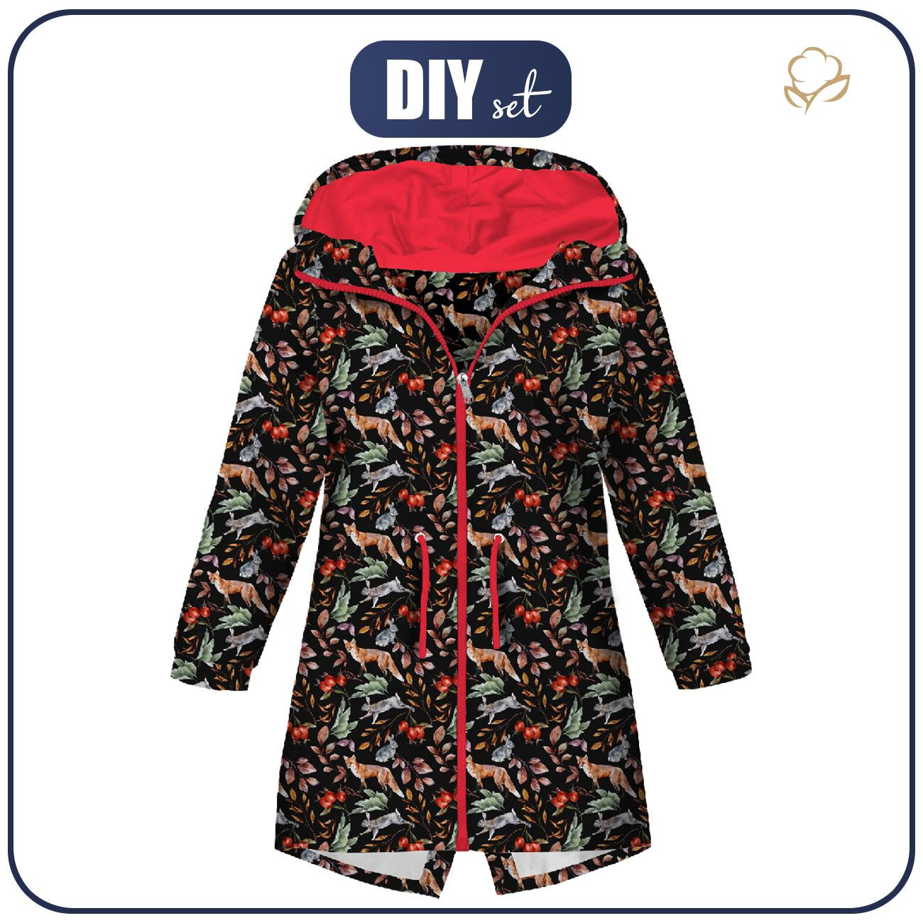 KIDS PARKA (ARIEL) - FOREST ANIMALS PAT. 2 / BLACK (COLORFUL AUTUMN) - softshell