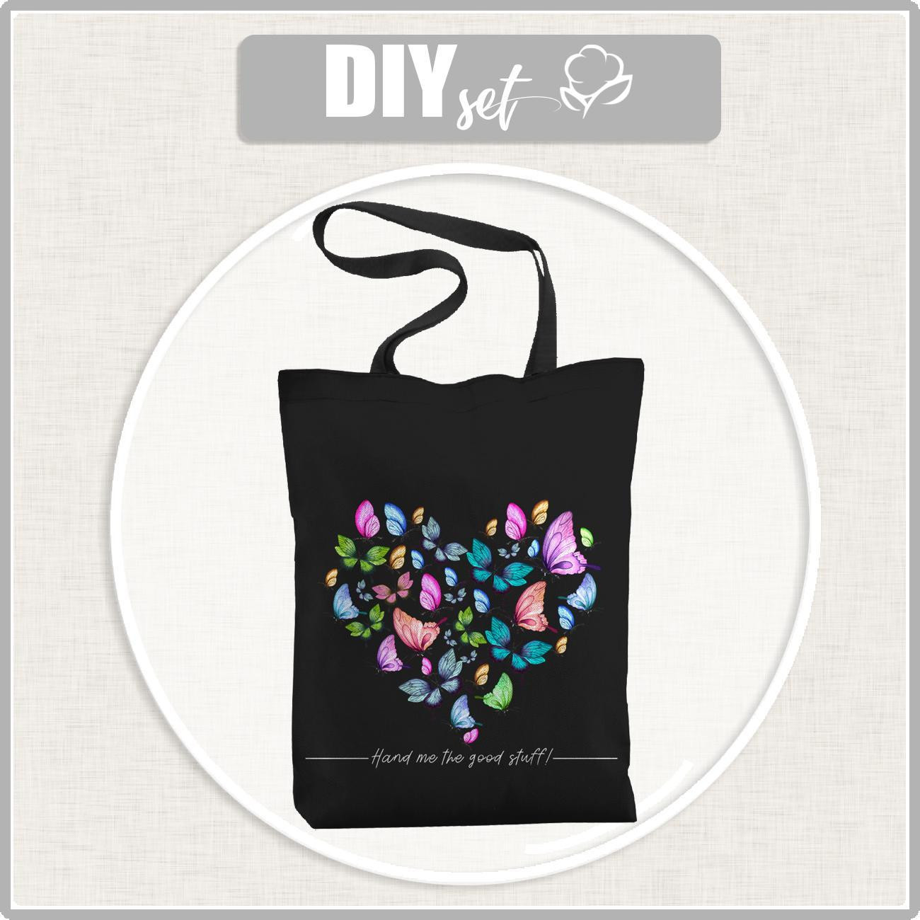 SHOPPER BAG - HEART BUTTERFLIES / black - sewing set