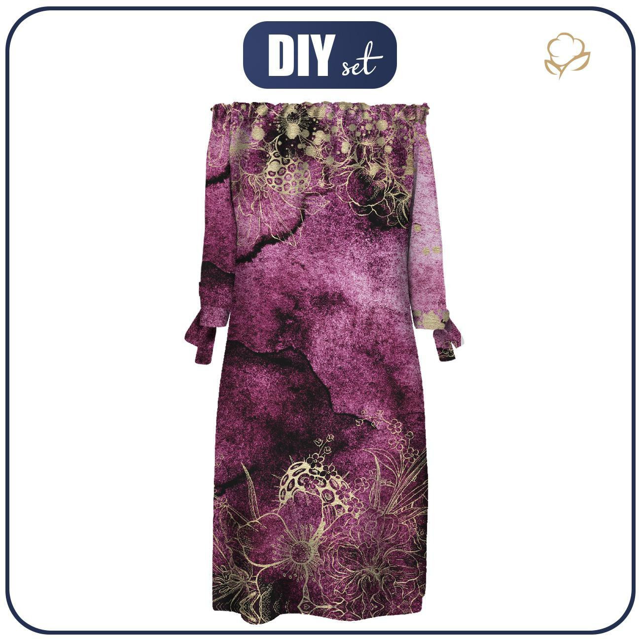 DRESS "CARMEN" - FLOWERS / golden contour Pat. 1  / WATERCOLOR MARBLE - crepe S