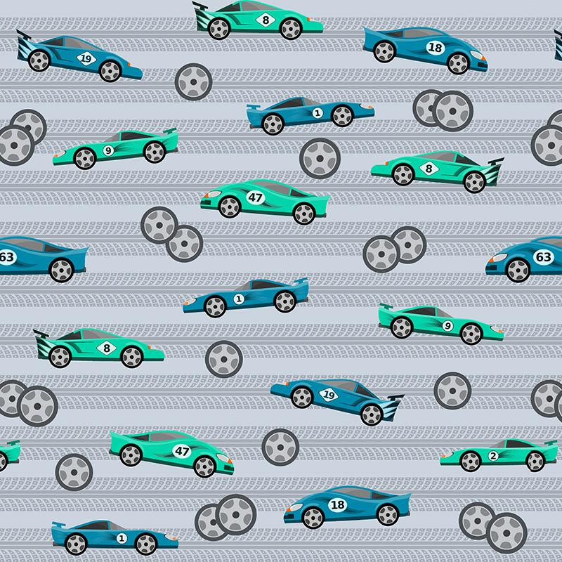 FAST WHEELS / blue on grey - Cotton woven fabric