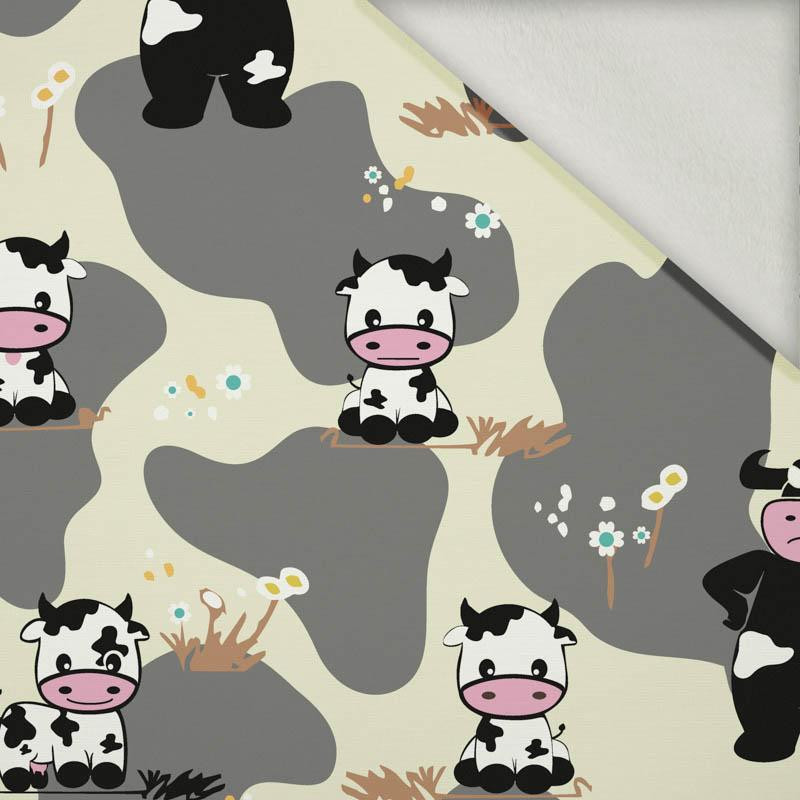 COWS ON BEIGE - brushed knit fabric with teddy / alpine fleece