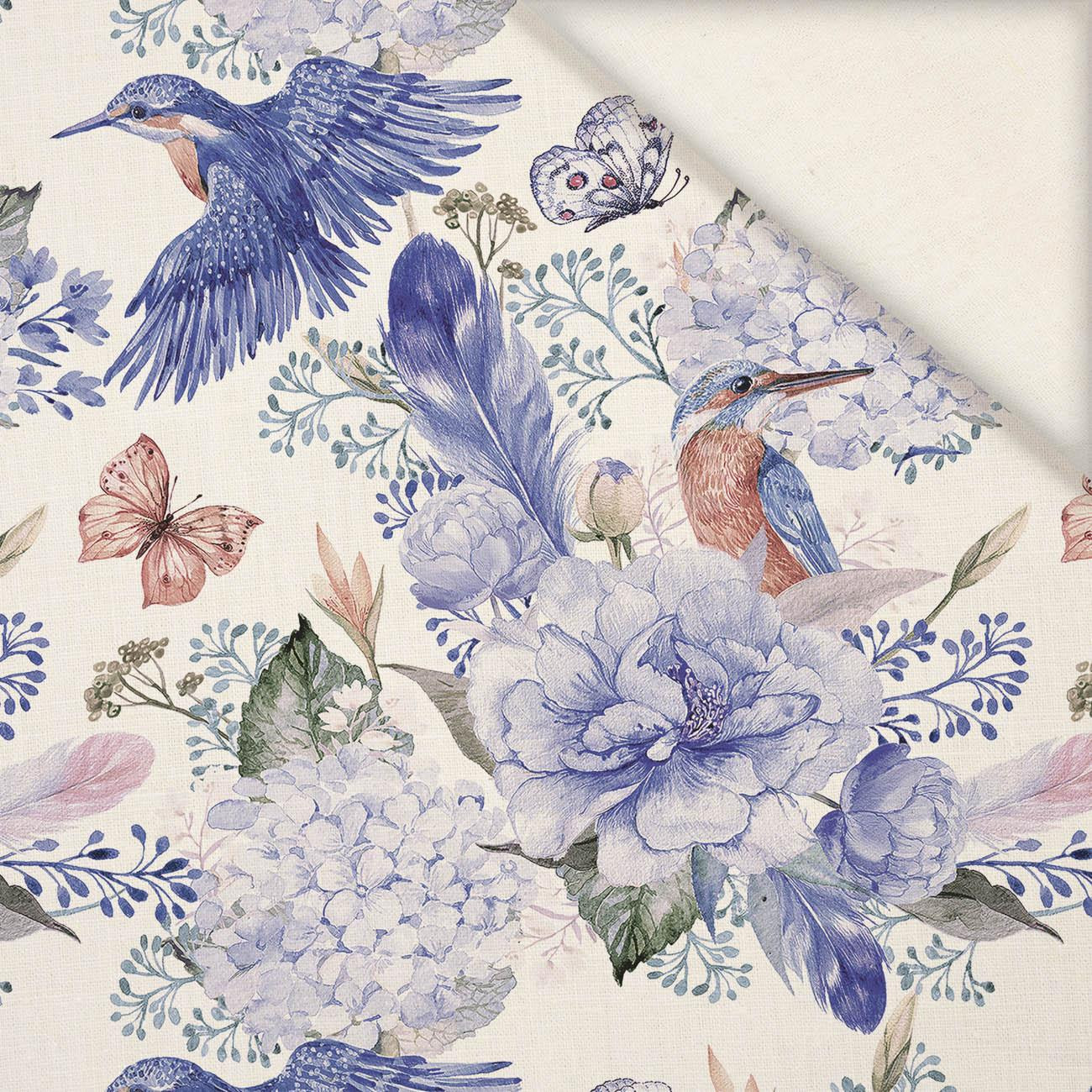 KINGFISHERS AND LILACS (KINGFISHERS IN THE MEADOW) (Very Peri) - Linen with viscose