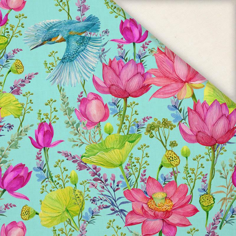 KINGFISHERS AND POPPIES (KINGFISHERS IN THE MEADOW) / aqua - Slub Weave