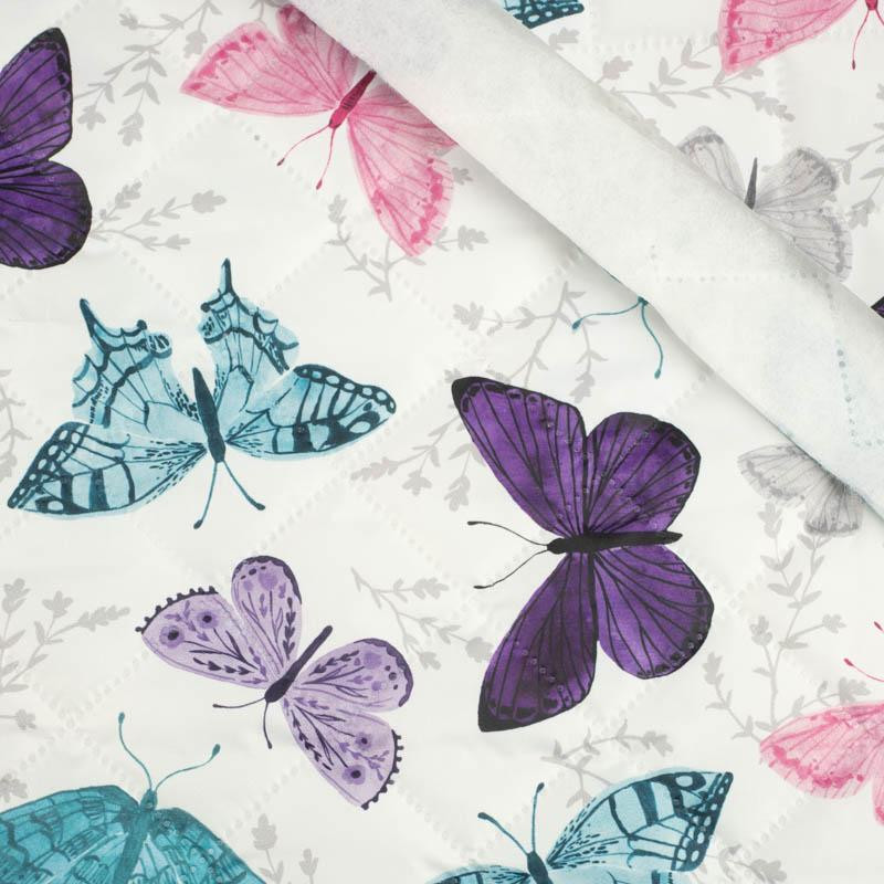 BUTTERFLIES PAT. 5 / white  (PURPLE BUTTERFLIES) - Quilted nylon fabric 