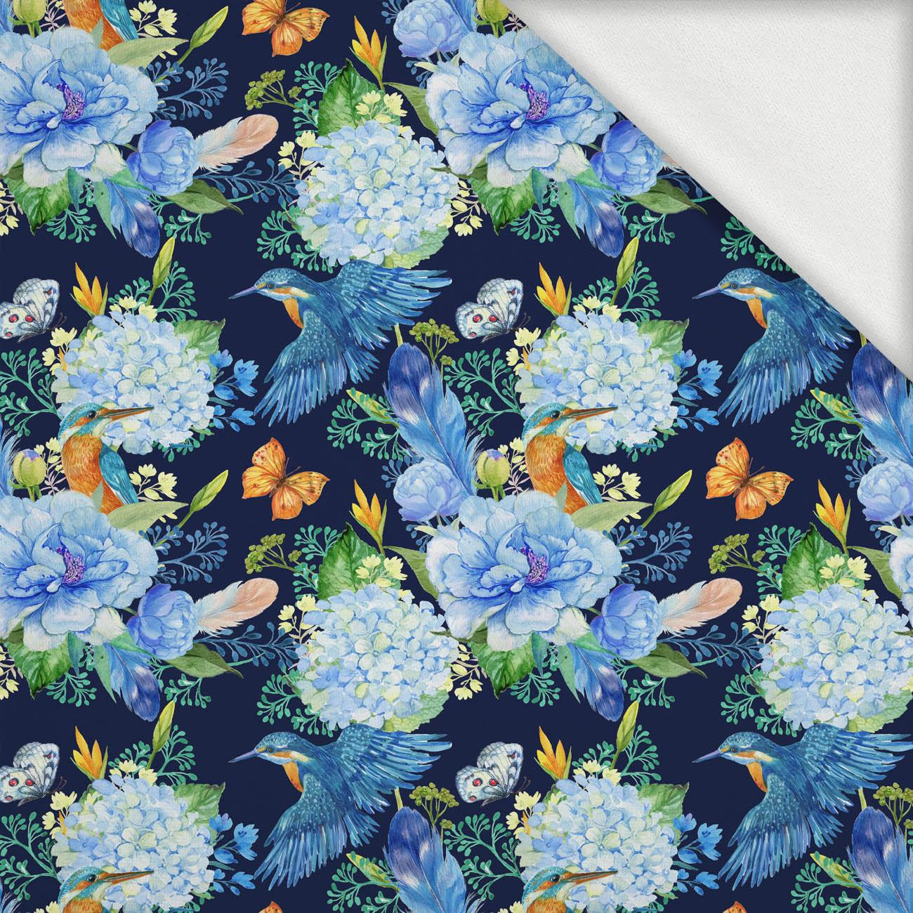 MINI KINGFISHERS AND LILACS (KINGFISHERS IN THE MEADOW) / navy - looped knit fabric with elastane ITY MINI KINGFISHERS AND LILACS (KINGFISHERS IN THE MEADOW) / navy - looped knit fabric with elastane ITY