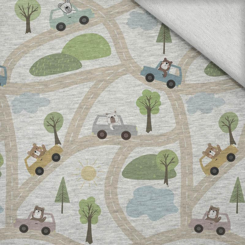 COLORFUL CARS / streets (CITY BEARS) / melange light grey - looped knit fabric