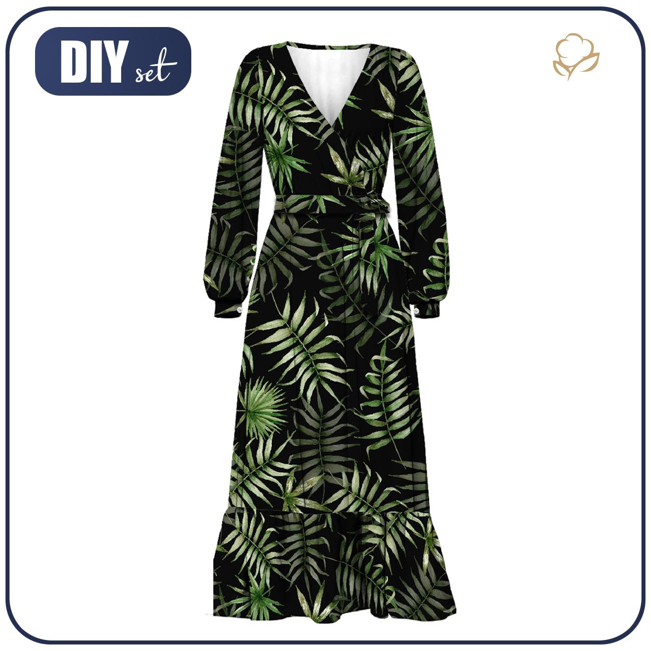 WRAP FLOUNCED DRESS (ABELLA) - PALM LEAVES pat. 4 / black - sewing set