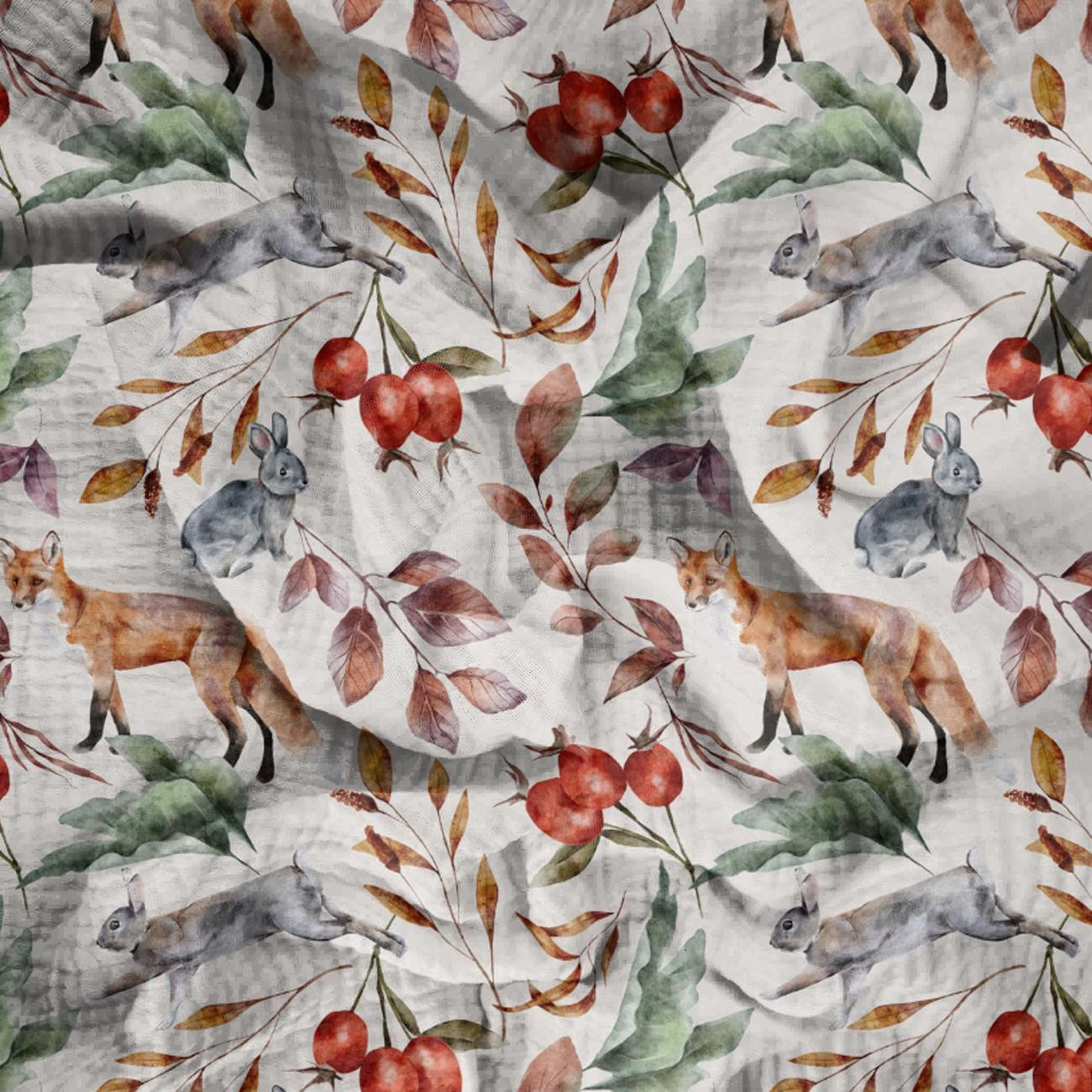 FOREST ANIMALS PAT. 2 / WHITE (COLORFUL AUTUMN) - Cotton muslin