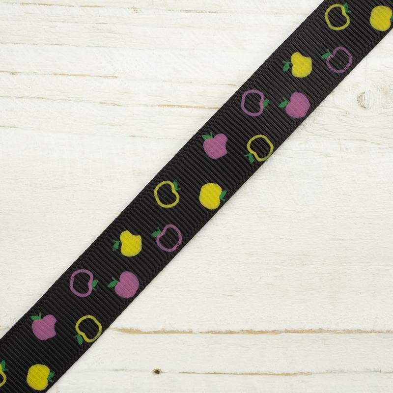 Grosgrain ribbon 15 mm - colorful apples / black