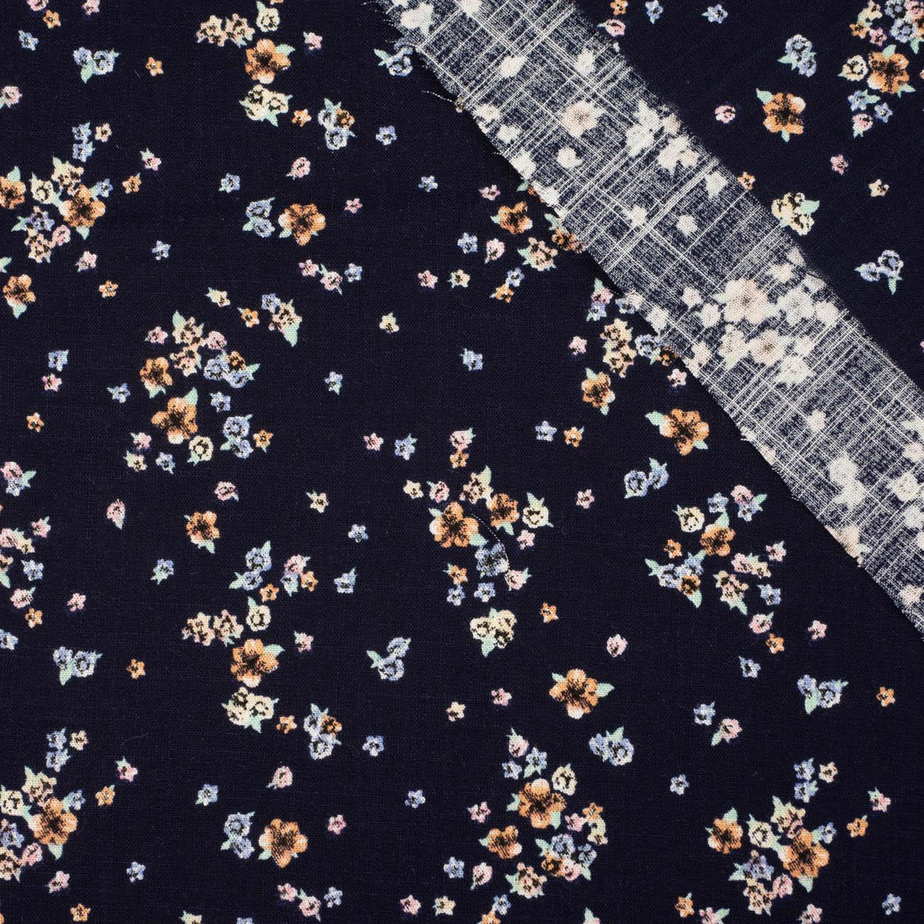 SMALL FLOWERS / navy - Viscose with linen weave