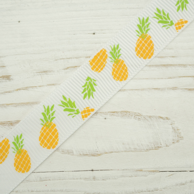 Grosgrain ribbon 15 mm white with pineapples