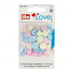 Color Snaps PRYM Love, plastic fasteners 12,4 mm - 30 sets - hearts light pink / baby blue / pistachio