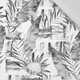 50CM WATER-COLOR LEAVES 2.0 (GREY) / white - Cotton woven fabric