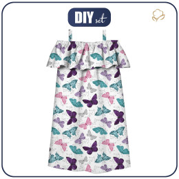 Bardot neckline dress (LILI) - BUTTERFLIES PAT. 5 / white  (PURPLE BUTTERFLIES) - sewing set