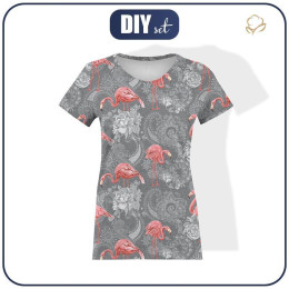 WOMEN’S T-SHIRT - FLAMINGOS AND ROSES / grey - single jersey M