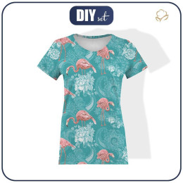 WOMEN’S T-SHIRT - FLAMINGOS AND ROSES / sea blue - single jersey M