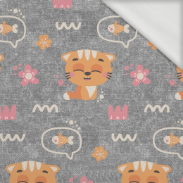 CATS AND FISH / flowers (CATS WORLD ) / ACID WASH GREY  - looped knit fabric