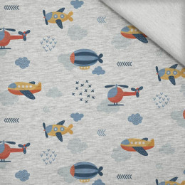 PLANES  pat. 2 / white (ADVENTURE BEGINS) / melange light grey - looped knit fabric