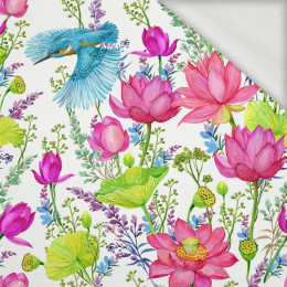 KINGFISHERS AND POPPIES (KINGFISHERS IN THE MEADOW) / white - looped knit fabric