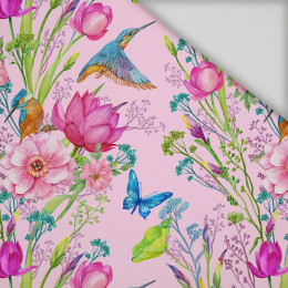 KINGFISHERS AND BUTTERFLIES (KINGFISHERS IN THE MEADOW) / pink - Quick-drying woven fabric