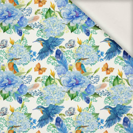 MINI KINGFISHERS AND LILACS (KINGFISHERS IN THE MEADOW) / white - viscose woven fabric