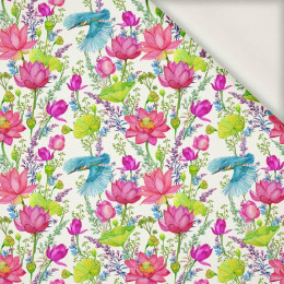 MINI KINGFISHERS AND POPPIES (KINGFISHERS IN THE MEADOW) / white - viscose woven fabric