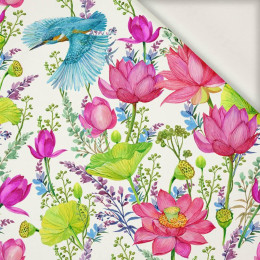 KINGFISHERS AND POPPIES (KINGFISHERS IN THE MEADOW) / white - viscose woven fabric
