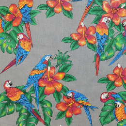 PARROTS ON GRAY - Cotton woven fabric