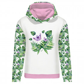 CLASSIC WOMEN’S HOODIE (POLA) - MINI LEAVES AND INSECTS PAT. 4 (TROPICAL NATURE) / white - looped knit fabric 