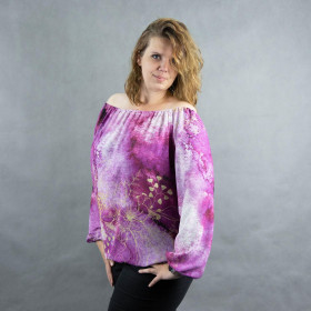 Bardot neckline blouse (SOFIA) - KINGFISHERS AND LILACS (KINGFISHERS IN THE MEADOW) / navy - sewing set