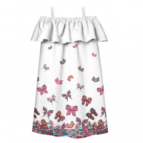 Bardot neckline dress (LILI) - BUTTERFLIES (pat. 1 pink) / white - sewing set