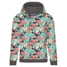 CLASSIC WOMEN’S HOODIE (POLA) - FLAMINGOS AND  MONSTERAS - looped knit fabric 