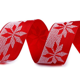 Satin ribbon 40 mm Snowflakes - red