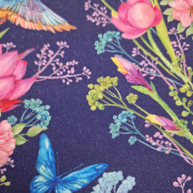 KINGFISHERS AND BUTTERFLIES (KINGFISHERS IN THE MEADOW) / dark blue - looped knit fabric with elastane ITY