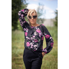 Bardot neckline blouse (SOFIA) - FLOWERS AND BUTTERFLIES / navy - sewing set