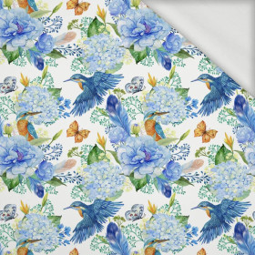 MINI KINGFISHERS AND LILACS (KINGFISHERS IN THE MEADOW) / white - looped knit fabric
