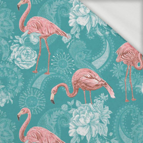 FLAMINGOS AND ROSES / sea blue - looped knit fabric