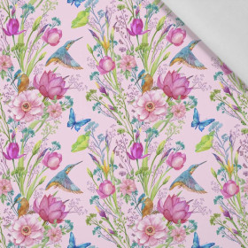 MINI KINGFISHERS AND BUTTERFLIES (KINGFISHERS IN THE MEADOW) / pink - Cotton woven fabric