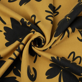 BLACK FLOWERS / mustard - Lyocell woven fabric