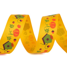 Grosgrain ribbon 25 mm pumpkin and house - canary yellow