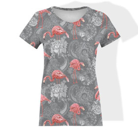 WOMEN’S T-SHIRT - FLAMINGOS AND ROSES / grey - single jersey M