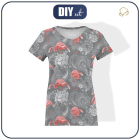 WOMEN’S T-SHIRT - FLAMINGOS AND ROSES / grey - single jersey M