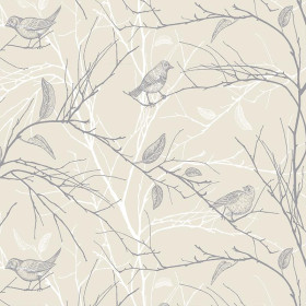 BIRDS / beige - Cotton woven fabric