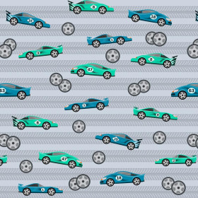 FAST WHEELS / blue on grey - Cotton woven fabric