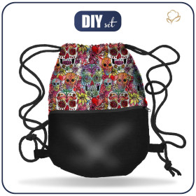 GYM BAG WITH POCKET - SKULLS pat. 4 / colorful (DIA DE LOS MUERTOS) - sewing set