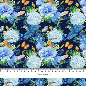 MINI KINGFISHERS AND LILACS (KINGFISHERS IN THE MEADOW) / navy - looped knit fabric with elastane ITY