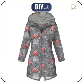 WOMEN'S PARKA (ANNA) - FLAMINGOS AND ROSES / grey - softshell